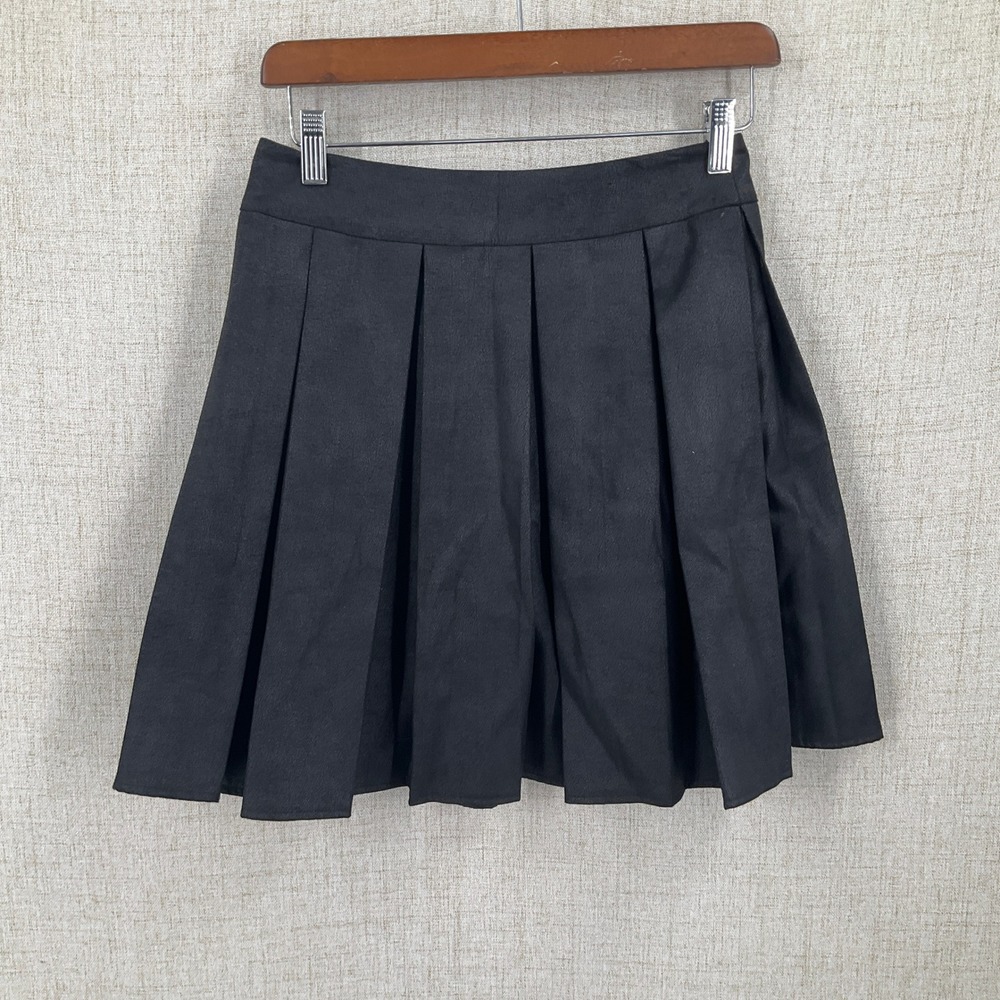 Saks Fifth Avenue RED Pleated Mini Skirt Womens S Black Faux Leather Preppy Y2K